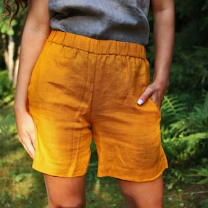 FARO Linen Natural Woman Shorts Short Summer Cloth Natural Cloth Elegant Shorts Washed Linen Elastic Waist Vacation Shorts image 1