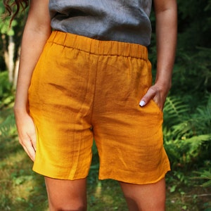 Linen Shorts FARO, Summer Shorts, Elastic Waist Shorts, Stonewashed Linen Shorts
