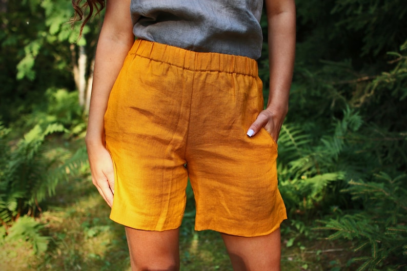 FARO Linen Natural Woman Shorts Short Summer Cloth Natural Cloth Elegant Shorts Washed Linen Elastic Waist Vacation Shorts image 1