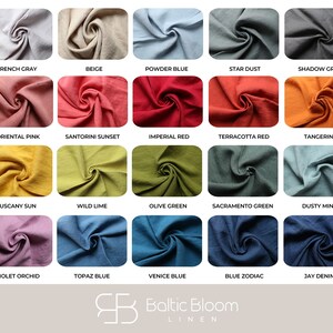 May include: A color chart of 21 linen fabric swatches, each folded into a spiral shape. The swatches are arranged in rows of three, with each row featuring a different color palette. The colors include white pearl, French gray, beige, powder blue, star dust, shadow gray, amethyst, pale rose, oriental pink, Santorini sunset, imperial red, terracotta red, tangerine, Baltic amber, lemon, Tuscany sun, wild lime, olive green, Sacramento green, dusty mint, cedar brown, lilac lotus, violet orchid, topaz blue, Venice blue, blue zodiac, jay denim, and midnight black. The chart is labeled "Baltic Bloom Linen".