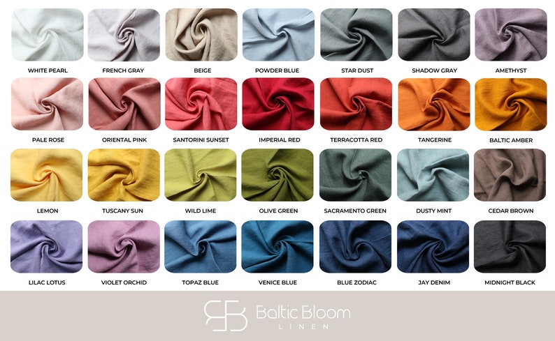 May include: A color chart of 21 linen fabric swatches, each folded into a spiral shape. The swatches are arranged in rows of three, with each row featuring a different color palette. The colors include white pearl, French gray, beige, powder blue, star dust, shadow gray, amethyst, pale rose, oriental pink, Santorini sunset, imperial red, terracotta red, tangerine, Baltic amber, lemon, Tuscany sun, wild lime, olive green, Sacramento green, dusty mint, cedar brown, lilac lotus, violet orchid, topaz blue, Venice blue, blue zodiac, jay denim, and midnight black. The chart is labeled "Baltic Bloom Linen".
