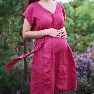 Linen Maternity Dress, Mom Dress, Belt Dress, Oversized Linen Dress, V neck Dress, Natural Dress, Summer Dress, DELILAH