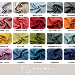 May include: A color chart of 21 linen fabric swatches, each showing a different color. The colors are arranged in rows and columns, and each swatch is labeled with its name. The names include White Pearl, French Gray, Beige, Powder Blue, Star Dust, Shadow Gray, Amethyst, Pale Rose, Oriental Pink, Santorini Sunset, Imperial Red, Terracotta Red, Tangerine, Baltic Amber, Lemon, Tuscany Sun, Wild Lime, Olive Green, Sacramento Green, Dusty Mint, Cedar Brown, Lilac Lotus, Violet Orchid, Topaz Blue, Venice Blue, Blue Zodiac, Jay Denim, and Midnight Black.