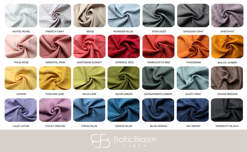 May include: A color chart of 21 linen fabric swatches, each showing a different color. The colors are arranged in rows and columns, and each swatch is labeled with its name. The names include White Pearl, French Gray, Beige, Powder Blue, Star Dust, Shadow Gray, Amethyst, Pale Rose, Oriental Pink, Santorini Sunset, Imperial Red, Terracotta Red, Tangerine, Baltic Amber, Lemon, Tuscany Sun, Wild Lime, Olive Green, Sacramento Green, Dusty Mint, Cedar Brown, Lilac Lotus, Violet Orchid, Topaz Blue, Venice Blue, Blue Zodiac, Jay Denim, and Midnight Black.