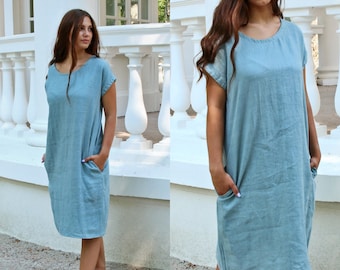 Linen V Neck Dress, Casual Dress, Knee Lenght Dress, Washed Linen Dress, Softened Linen Dress, Summer Dress, Home Dress, MADRID