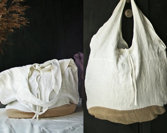 Double Layer Linen Round Tote bag. Natural linen bag. Natural shopping bag. Linen shoulder bag. Zero waste shopping bag. Beach bag. Bag