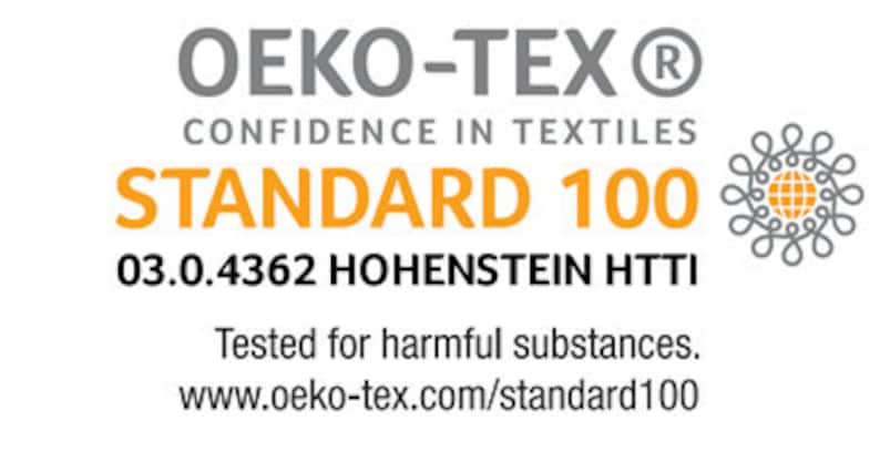 May include: A grey and orange Oeko-Tex Standard 100 certification label with the text "CONFIDENCE IN TEXTILES" and "03.0.4362 HOHENSTEIN HTTI". The label also includes a stylised globe icon.