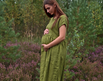 Maternity Dress, Mom Dress, Linen Womans Dress, Pleated Dress, Ruffle Dress, Oversized Dress, Natural Lien Dress, Round Neck Dress, AYA