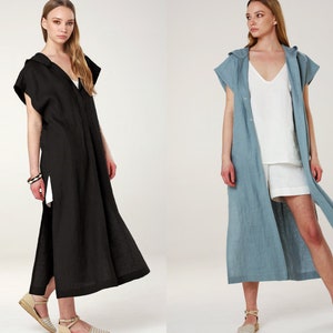 Linen Hooded Coat, Coat Dress, Long Linen Shirt,  Kaftan Summer Coat, Linen Shirt, SIANA