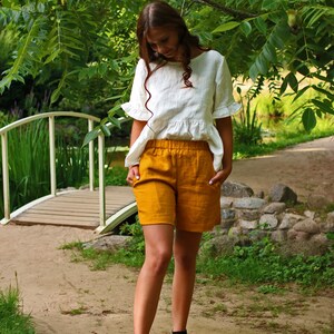 FARO Linen Natural Woman Shorts Short Summer Cloth Natural Cloth Elegant Shorts Washed Linen Elastic Waist Vacation Shorts image 5