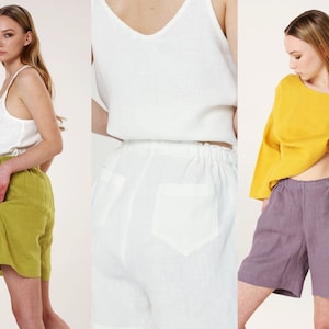 Linen Bermuda Shorts, HANNA Long Comfortable Shorts, Elastic Waist Shorts, Pleated Shorts, Vacation Shorts