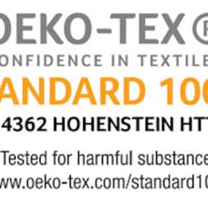 May include: A gray and orange Oeko-Tex Standard 100 certification label with the text "CONFIDENCE IN TEXTILES" and "03.0.4362 HOHENSTEIN HTTI". The label also includes a graphic of a globe surrounded by a circle of loops.