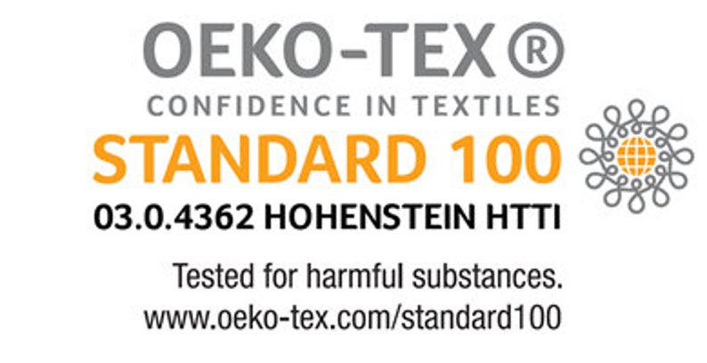 May include: A gray and orange Oeko-Tex Standard 100 certification label with the text "CONFIDENCE IN TEXTILES" and "03.0.4362 HOHENSTEIN HTTI". The label also includes a graphic of a globe surrounded by a circle of loops.