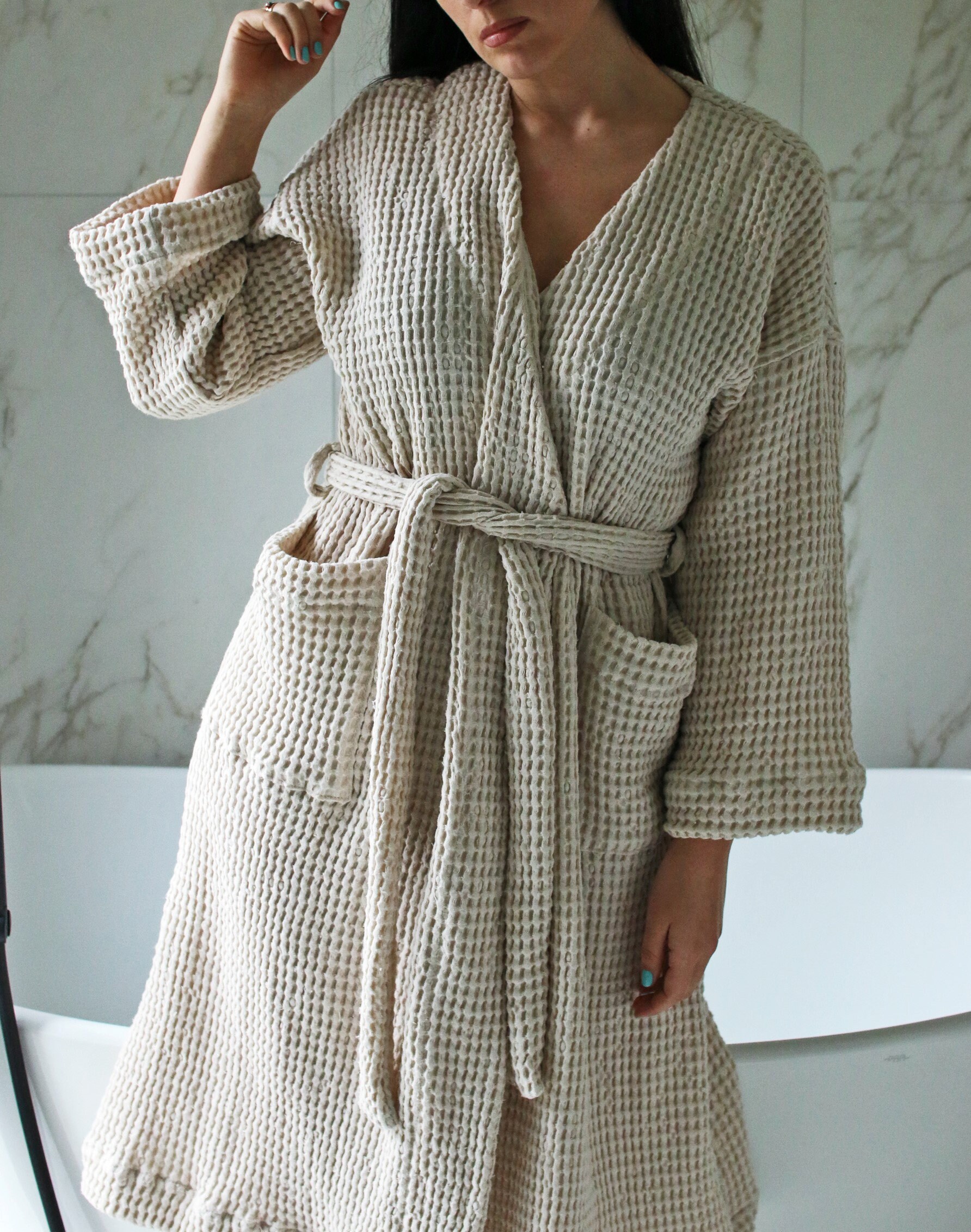 Waffle Linen Robe Mid Calf Classic Robe Linen Spa Robe - Etsy