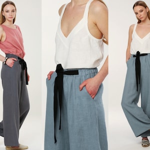 Linen Pants CATALONIA, Wide Leg Pants, Pallazo Pants, Elegant Pants, Elastic Waist Loose Pants