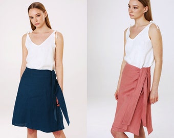 SONIA Linen Woman Wrap Skirt Button Skirt Summer Beach Home Skirt Washed Linen Casual Skirt Knee Lenght Linen Skirt Wrap Skirt Belt