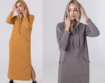 ZEA Woman Organic Cotton Hoodie Dress With Pockets Long Dress Front Split All Seasons Dress Modern Elegant