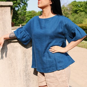 Linen Blouse with Ruffles, AZORA Casual Woman Top, Ruffle Top, Elegant Linen Top, Modest Top, Rustic Top, Bohemian Top