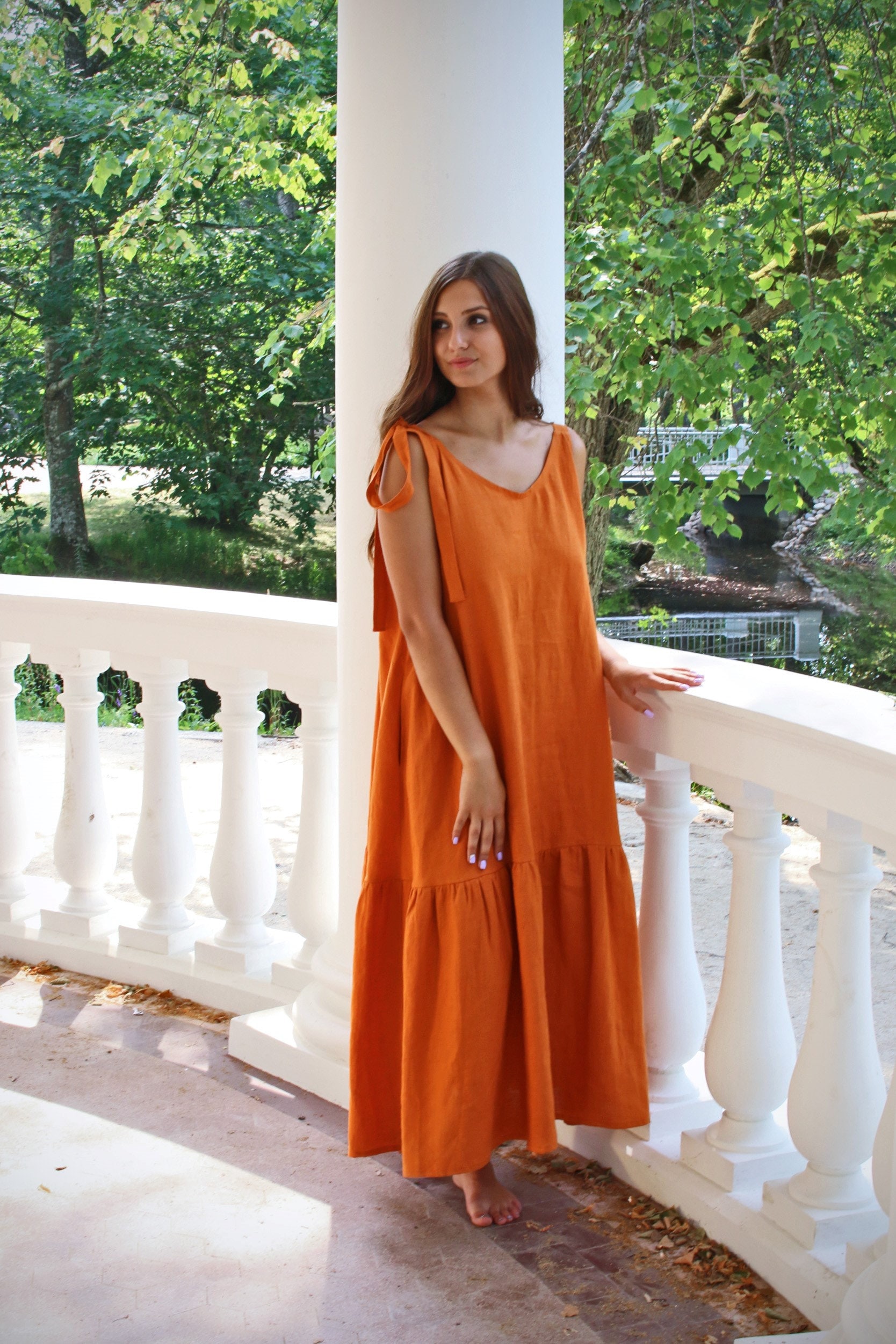 Linen Maxi Dress, Ankle Lenght Dress, Ruffle Dress, A Line Dress, Oversized Dress, Ruffle Dress, Woman Dress, Bow Strap Dress, Rhodes