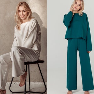 LEA Ensemble pour femme en coton bio, pantalon palazzo et chemise pour la maison, vêtements d'extérieur, vêtements de détente, pyjama, vêtements de nuit