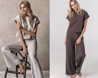ADALINE Woman Organic Cotton Set Palazzo Pants AND Shirt Home Wear Outdoor Wear Lounge Wear Pajama Sleep Wear