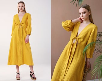 SALE - SERENA - S SIZE Linen Mid Calf Lenght Woman Dress Deep Chest Open Waist Zipper On Side Washed Linen Dress Elegant Flirty Dress