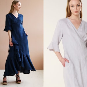 Linen Wrap Dress, Linen Maxi Dress,  V Neck Dress, Elegant Dress, Formal Dress,  Natural Dress, Bridesmaid Dress, Occasion Dress, VERONNA