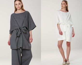 Oversized Linen Top, DALIA Woman Top, Loose Top, Wide Sleeve Tops,  Linen Tunic, Top With Belt