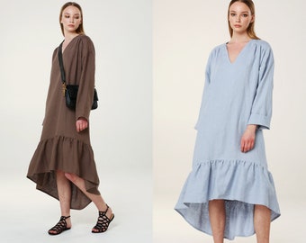 SALE FLORENCE Linen Womans Dress Ruffle Oversized Midi Lenght Long Back Short Front Dress Washed Linen Loose Oversized Dress Handmade Europe