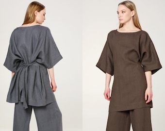 Oversized Linen Top, DALIA Woman Top, Loose Top, Wide Sleeve Tops,  Linen Tunic, Top With Belt