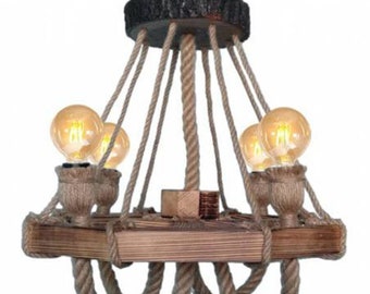 Upward Facing Bulbs/Chandelier Lighting/Wooden/Four Bulbs/Dining Light/Farmhouse/Rustic Ceiling/Kitchen/Flush/Fixture Rope