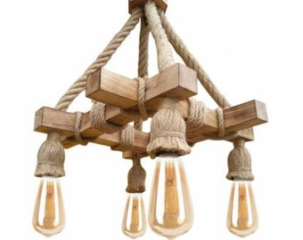 Chandelier Lighting/Wooden/Four Bulbs/Dining Light/Farmhouse/Rustic Ceiling/Kitchen/Flush/Fixture Rope