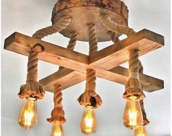 Lámpara de iluminación de iluminación de madera luz de comedor casa rústica colgante techo cocina Flush Fixture Cuerda