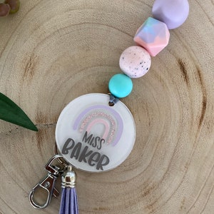 Pastel Purple Lanyard with Personalised Acrylic Rainbow Disk - Silicone Beads with Metal Clip Personalised