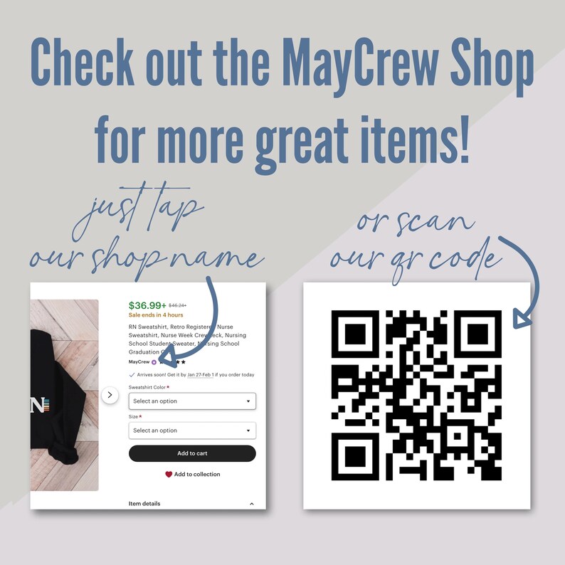 May include: A black sweatshirt with the text "RN" and rainbow stripes on the sleeve. The sweatshirt is on sale for &pound;36.99 and the sale ends in 4 hours. A QR code is shown with the text "or scan our qr code".