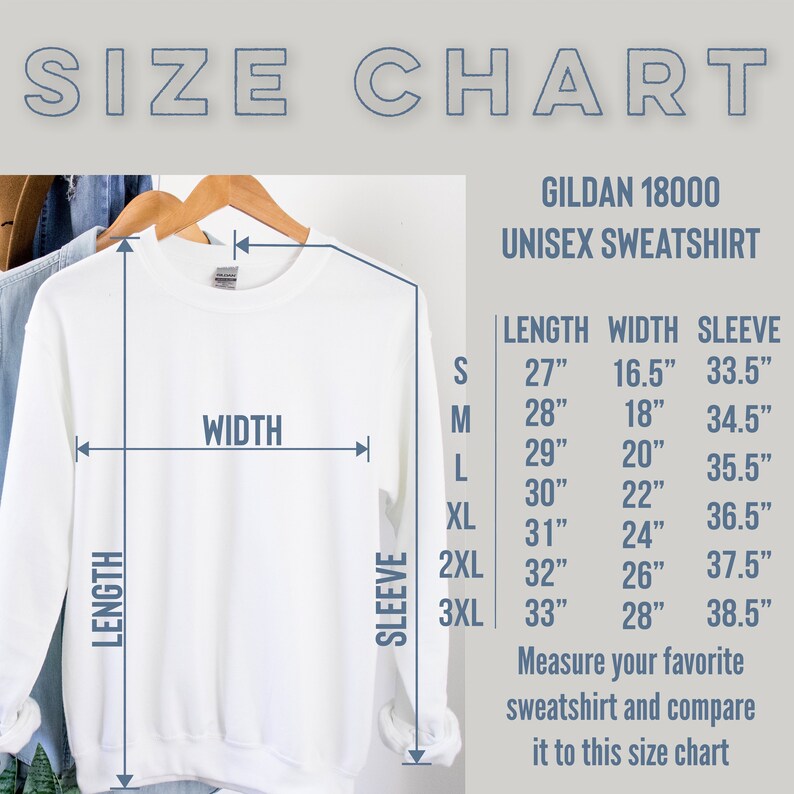 Puede incluir: Tabla de tallas para una sudadera unisex Gildan 18000. La tabla muestra las medidas en pulgadas para la longitud, el ancho y la longitud de la manga para las tallas S, M, L, XL, 2XL y 3XL.