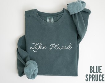 Embroidered Lake Placid Sweatshirt, Minimalist Script Crewneck, New York Mountains Sweater, Adirondacks Vacation Gift