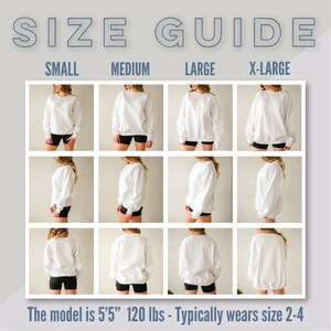 Op de afbeelding: Maattabel voor een wit sweatshirt met een model dat het sweatshirt in verschillende maten draagt: S, M, L en XL. Het model is 1,65 m lang en weegt 54 kg en draagt ​​normaal gesproken maat 36-40.