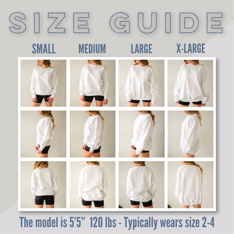 Op de afbeelding: Maattabel voor een wit sweatshirt met een model dat het sweatshirt in verschillende maten draagt: S, M, L en XL. Het model is 1,65 m lang en weegt 54 kg en draagt ​​normaal gesproken maat 36-40.