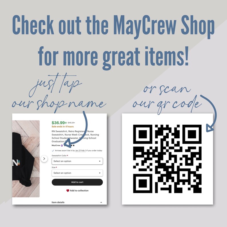 Puede incluir: Una sudadera negra con el texto "MayCrew" en la parte delantera. La sudadera tiene un precio de 36,99 $ y se describe como una "Sudadera de enfermera retro". Un c&oacute;digo QR se muestra en el lado derecho de la imagen con el texto "o escanea nuestro c&oacute;digo QR".