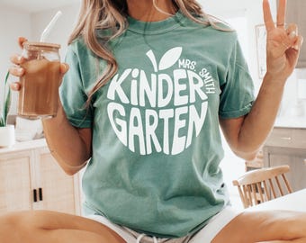 Personalized Kindergarten Teacher Shirt, Custom Teachers Name Comfort Colors Tee, Gift for Back to School, Kindergarten Team TShirts