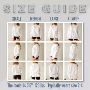 Puede incluir: Gu&iacute;a de tallas para una sudadera blanca con una modelo que lleva la sudadera en diferentes tallas: S, M, L y XL. La modelo mide 1,65 m y pesa 54 kg y normalmente usa una talla 36-40.
