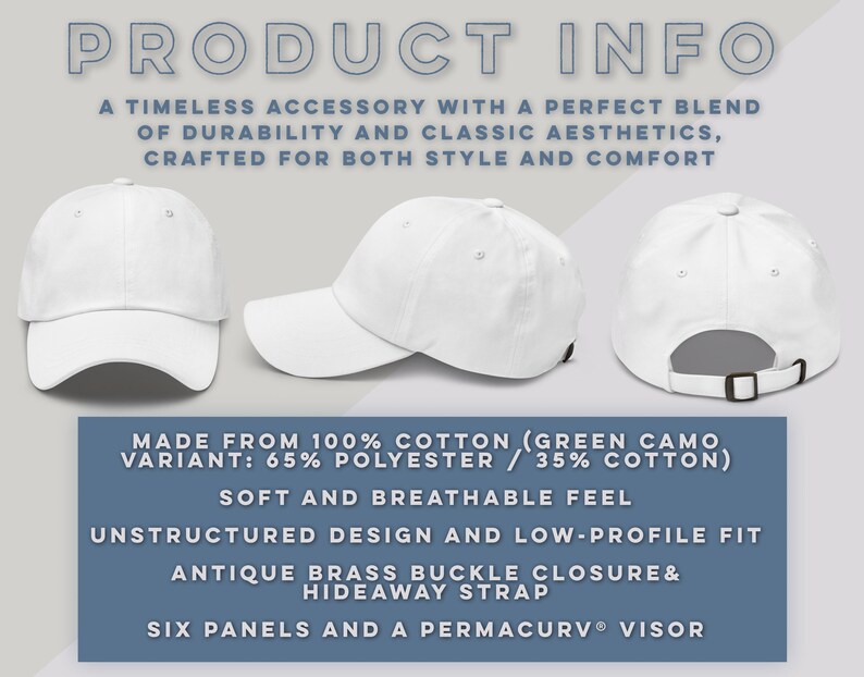 May include: White unstructured baseball cap with a low-profile fit. Made from 100% cotton (green camo variant: 65% polyester / 35% cotton). Features a hideaway strap and antique brass buckle closure. Six panels and a Permacurv visor.