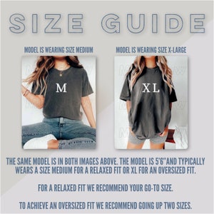 May include: A size guide graphic with the text "SIZE GUIDE" in blue. Two images show a person wearing a gray t-shirt in sizes M and XL. Text below explains sizing recommendations for relaxed and oversized fits.