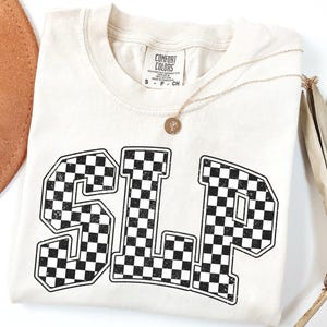 Checkered SLP T-Shirt in Comfort Colors, Cute Speech Therapy Shirt, Speech Therapist Tee, Language Pathologist Gift, Speech Therapist Grad