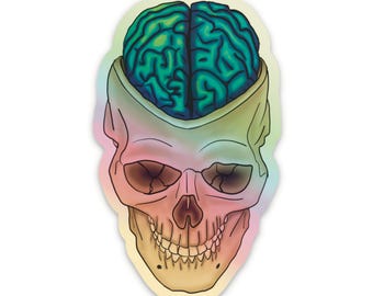 Holographic Brain Vinyl Sticker, Exposed Anatomical Brain in Skull Decal, Medical Art, Anatomy Gift