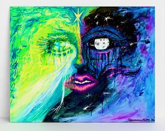 Celestial Eyes Art Print – Surreal Earth Moon Woman Portrait (Fine Art)