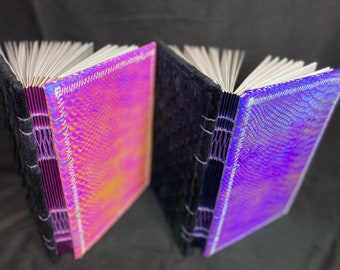 Holographic Snake Print Journal with Metallic Binding, Handmade A5 Notebook, Iridescent Guest Book, Gift for Her