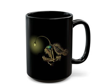 Angler Fish Skeleton Mug: Glowing Bioluminescent Lure Black Ceramic Coffee Mug