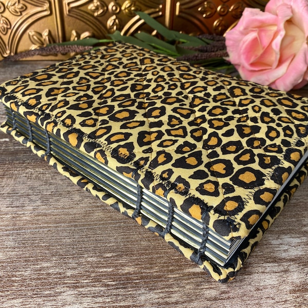 Animal Print Journal, Leopard Print Gift, Wedding Guest Book, Handmade A5 Notebook with Gold Accents
